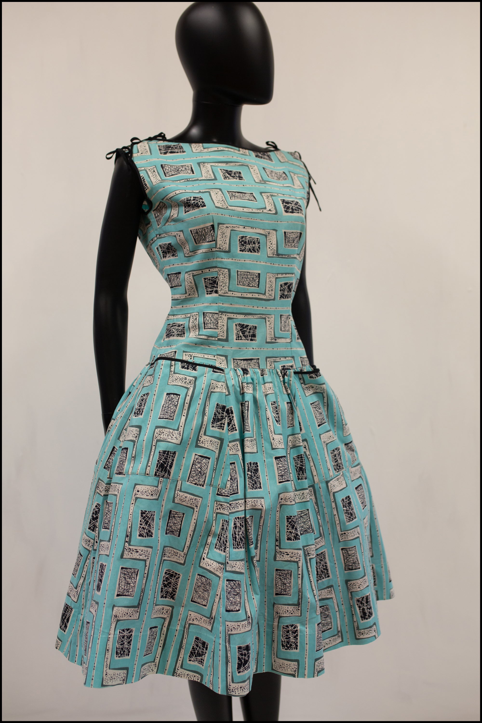 Vintage 1950s Mid Century Print Blue Dress