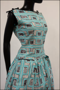 Vintage 1950s Mid Century Print Blue Dress