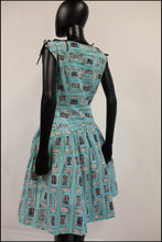 Vintage 1950s Mid Century Print Blue Dress