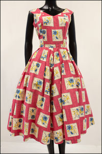 Vintage 1950s Pink Floral Mid Century Sun Dress