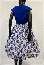 Vintage 1950s Blue 'Polka Dot Rose' Full Skirt