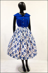 Vintage 1950s Blue 'Polka Dot Rose' Full Skirt