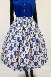 Vintage 1950s Blue 'Polka Dot Rose' Full Skirt