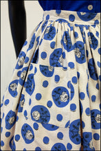 Vintage 1950s Blue 'Polka Dot Rose' Full Skirt