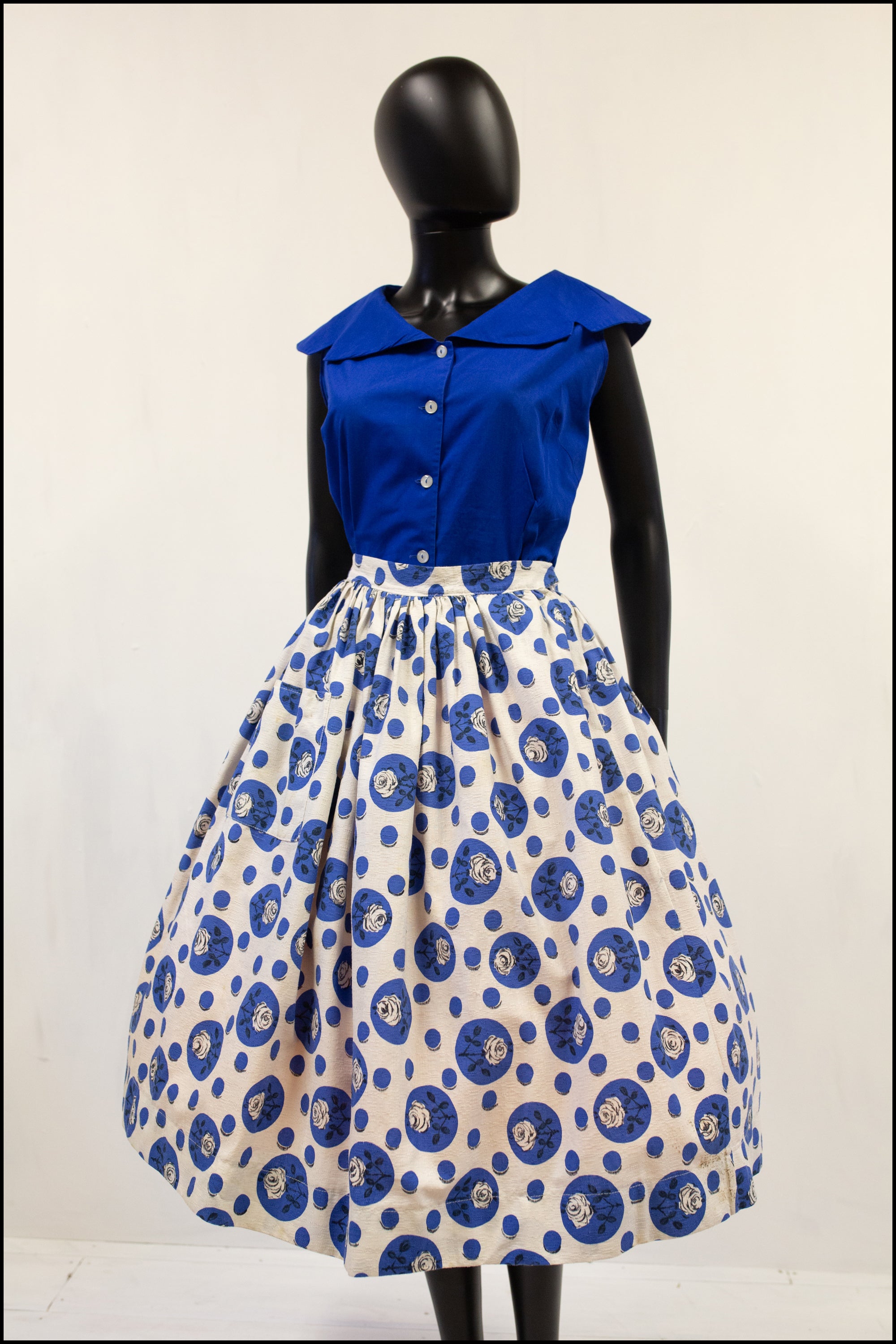 Vintage 1950s Blue 'Polka Dot Rose' Full Skirt