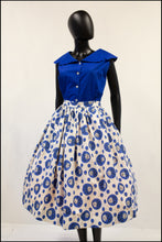 Vintage 1950s Blue 'Polka Dot Rose' Full Skirt