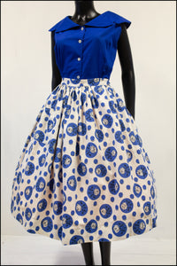 Vintage 1950s blue polka dot rose print full skirt