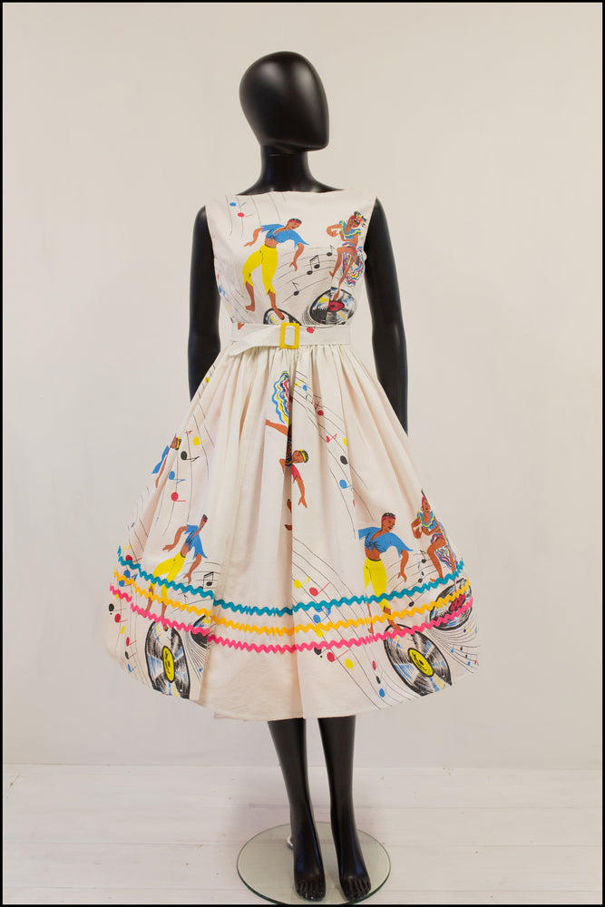 vintage 1950s white samba novelty print dress