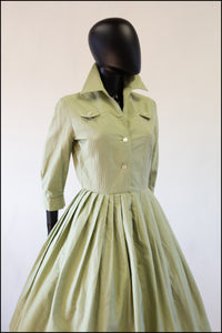 Vintage 1950s Khaki Cotton Shirt Dress