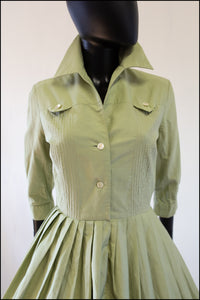 Vintage 1950s Khaki Cotton Shirt Dress