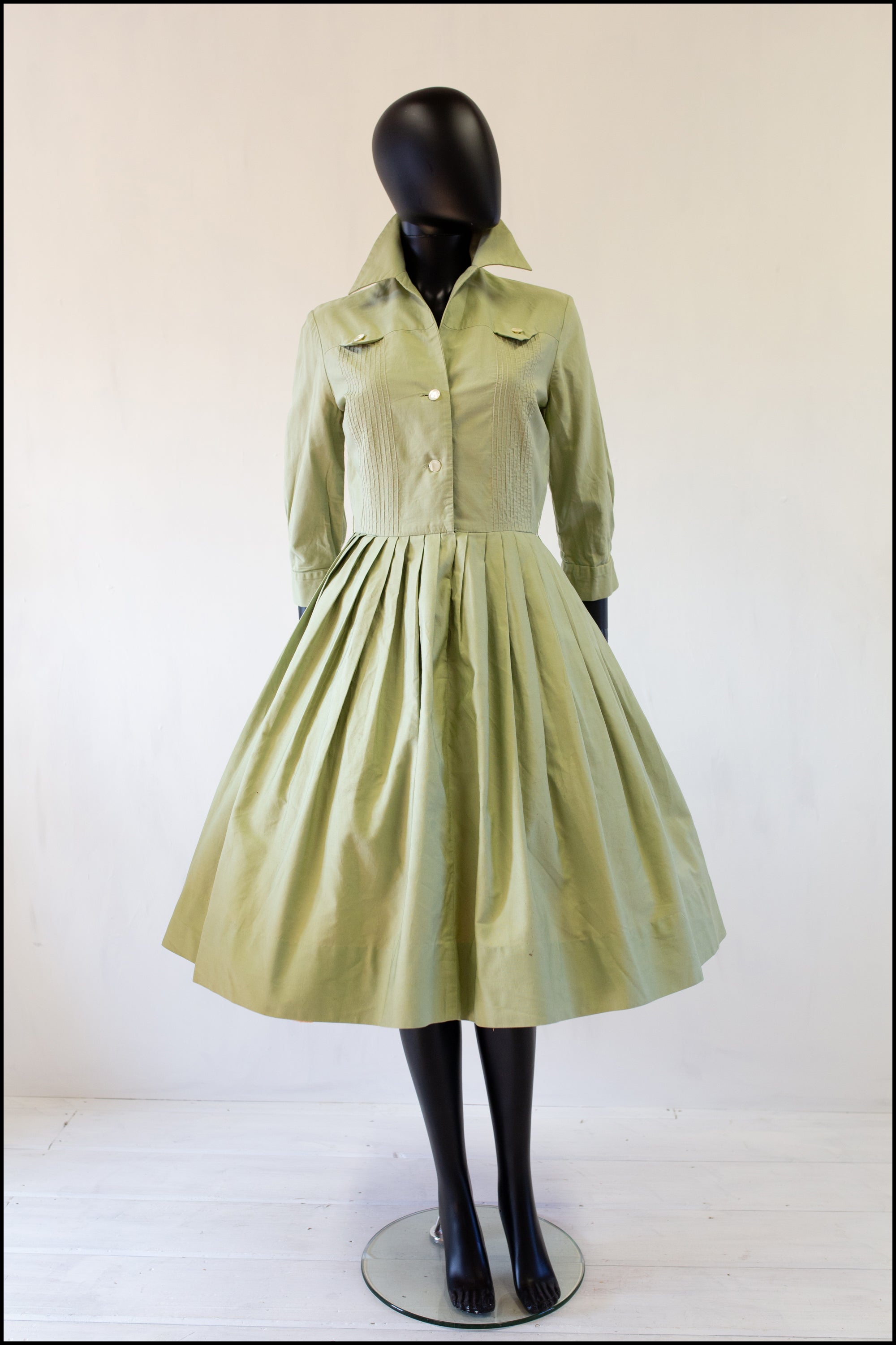 Vintage 1950s Khaki Cotton Shirt Dress