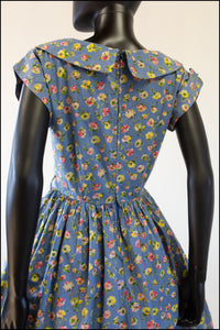 Vintage 1950s 'Painterly Rose' Blue Cotton Dress