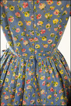Vintage 1950s 'Painterly Rose' Blue Cotton Dress