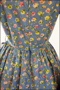 Vintage 1950s 'Painterly Rose' Blue Cotton Dress