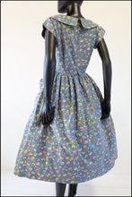 Vintage 1950s 'Painterly Rose' Blue Cotton Dress