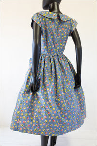 Vintage 1950s 'Painterly Rose' Blue Cotton Dress
