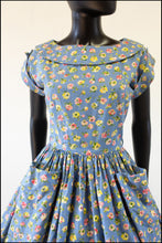 Vintage 1950s 'Painterly Rose' Blue Cotton Dress
