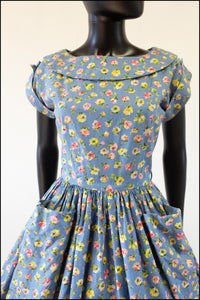 Vintage 1950s 'Painterly Rose' Blue Cotton Dress
