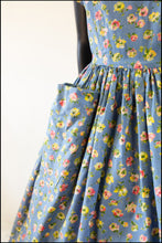Vintage 1950s 'Painterly Rose' Blue Cotton Dress