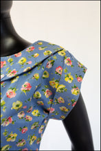 Vintage 1950s 'Painterly Rose' Blue Cotton Dress