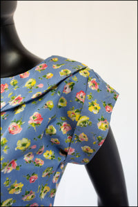 Vintage 1950s 'Painterly Rose' Blue Cotton Dress