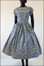 Vintage 1950s 'Painterly Rose' Blue Cotton Dress