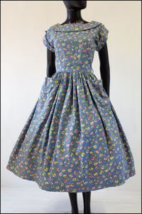 Vintage 1950s 'Painterly Rose' Blue Cotton Dress