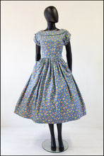vintage 1950s blue rose print cotton summer dress