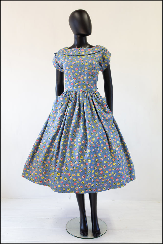 vintage 1950s blue rose print cotton summer dress