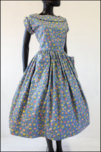 Vintage 1950s 'Painterly Rose' Blue Cotton Dress