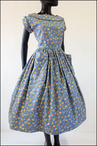 Vintage 1950s 'Painterly Rose' Blue Cotton Dress