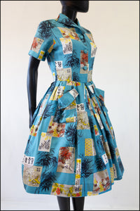 Vintage 1950s 'Blue Bamboo' Print Shirt Dress