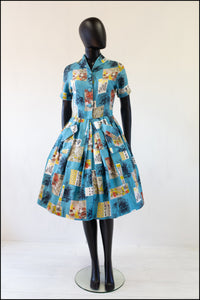 Vintage 1950s 'Blue Bamboo' Print Shirt Dress