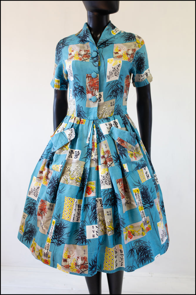 vintage 1950s blue printed shirt dress with full skirt Alexandra King