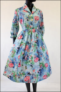 Vintage 1950s Blue 'Cupid Dancers' Cotton Shirt Dress