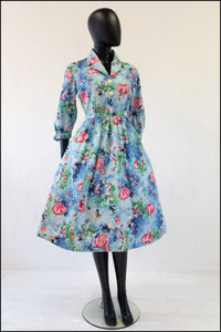 vintage 1950s blue dancer print cotton shirt dress