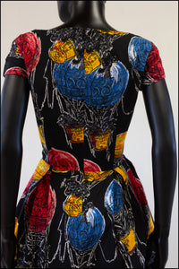 Vintage Balloon Print Black Cotton Dress
