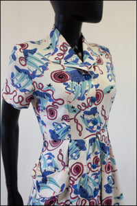 Vintage 1940s Nautical Print Linen Dress