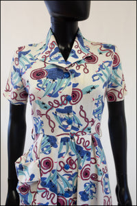 Vintage 1940s Nautical Print Linen Dress