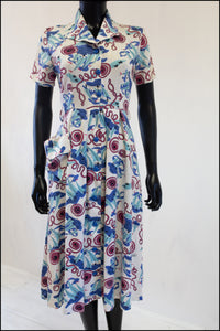 Vintage 1940s Nautical Print Linen Dress