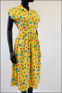 Vintage 1940s Yellow Buttons Print Shirt Dress