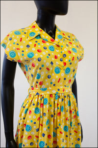 Vintage 1940s Yellow Buttons Print Shirt Dress