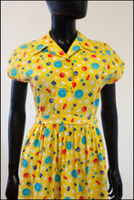 Vintage 1940s Yellow Buttons Print Shirt Dress