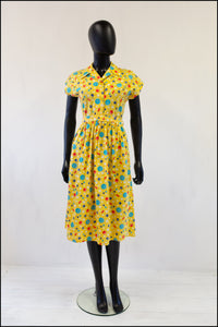 Vintage 1940s Yellow Buttons Print Shirt Dress