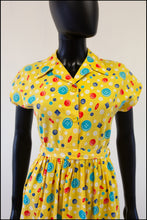 Vintage 1940s Yellow Buttons Print Shirt Dress