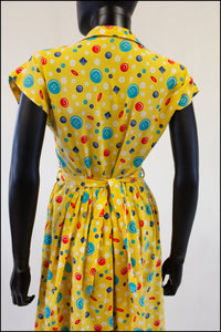 Vintage 1940s Yellow Buttons Print Shirt Dress