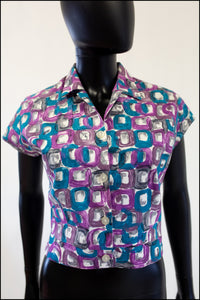 Vintage 1950s Purple Abstract Print Blouse
