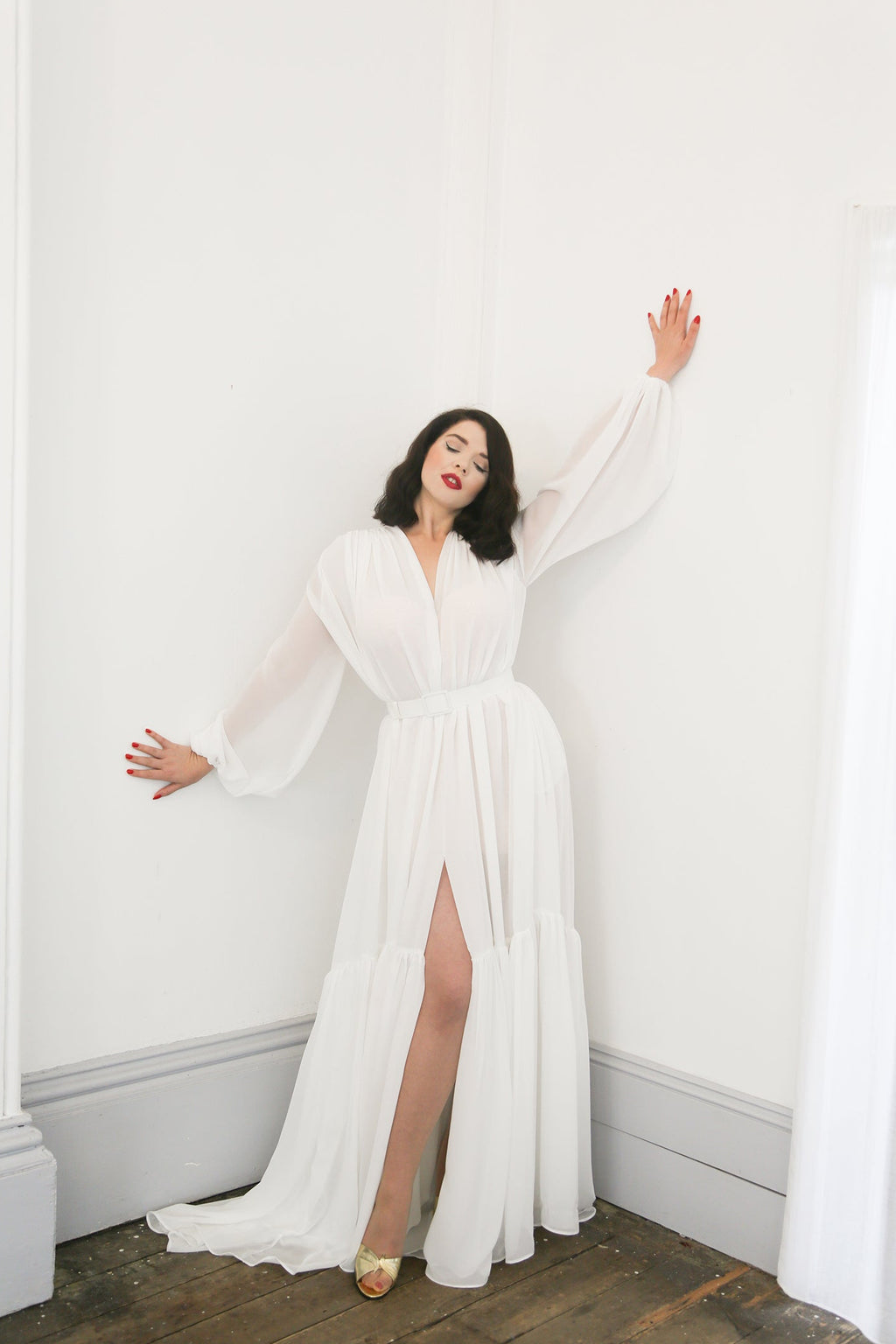 white chiffon old hollywood wedding dress by Alexandra King 