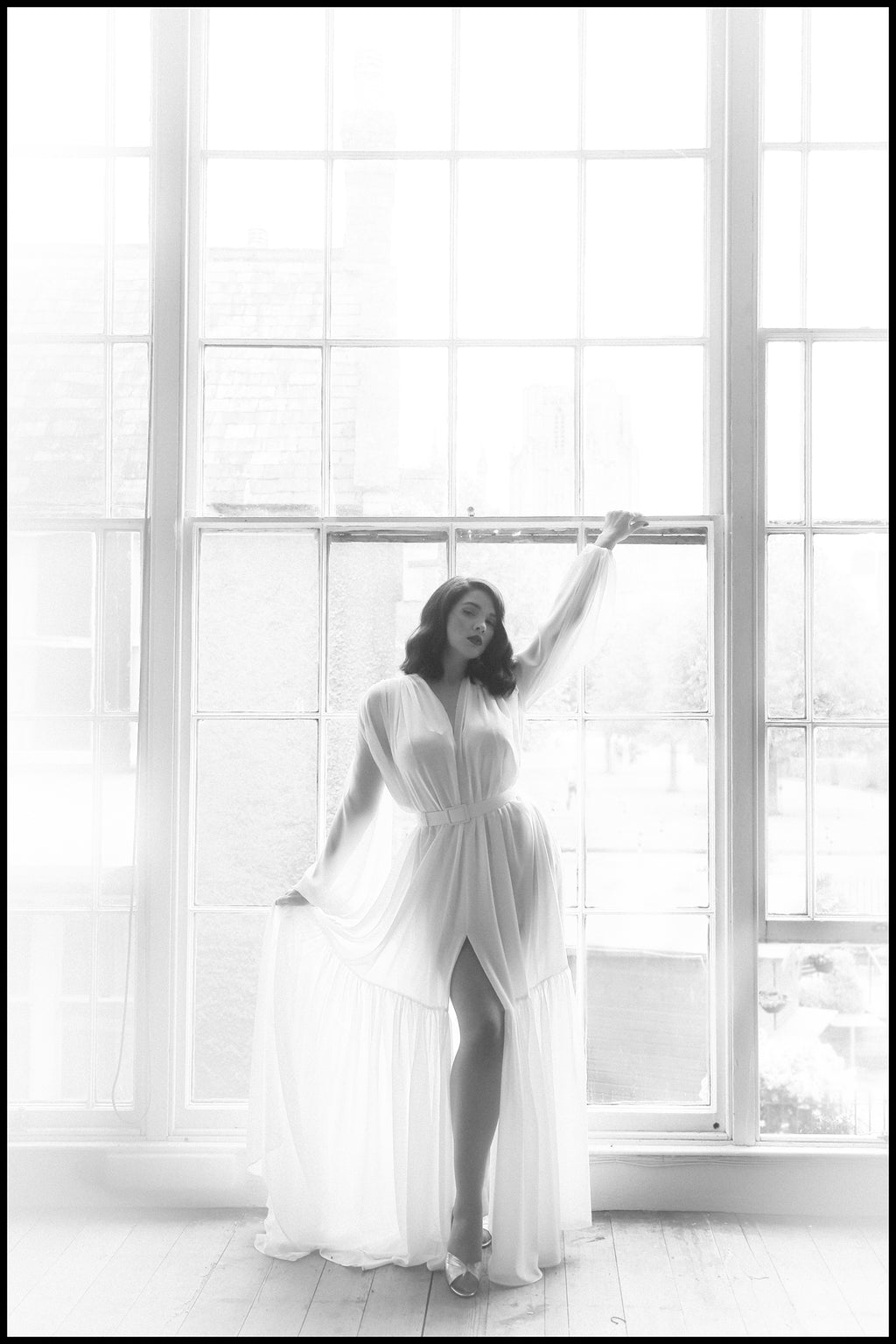 white chiffon vintage style wedding gown by Alexandra King