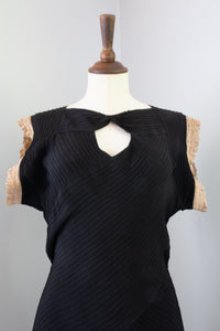 Vintage 1930s Black Crepe Pin Tuck Gown